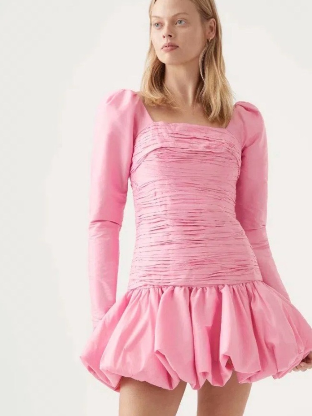 Aje Pink Ruched Square-Neck Mini Dress with Puff Sleeves